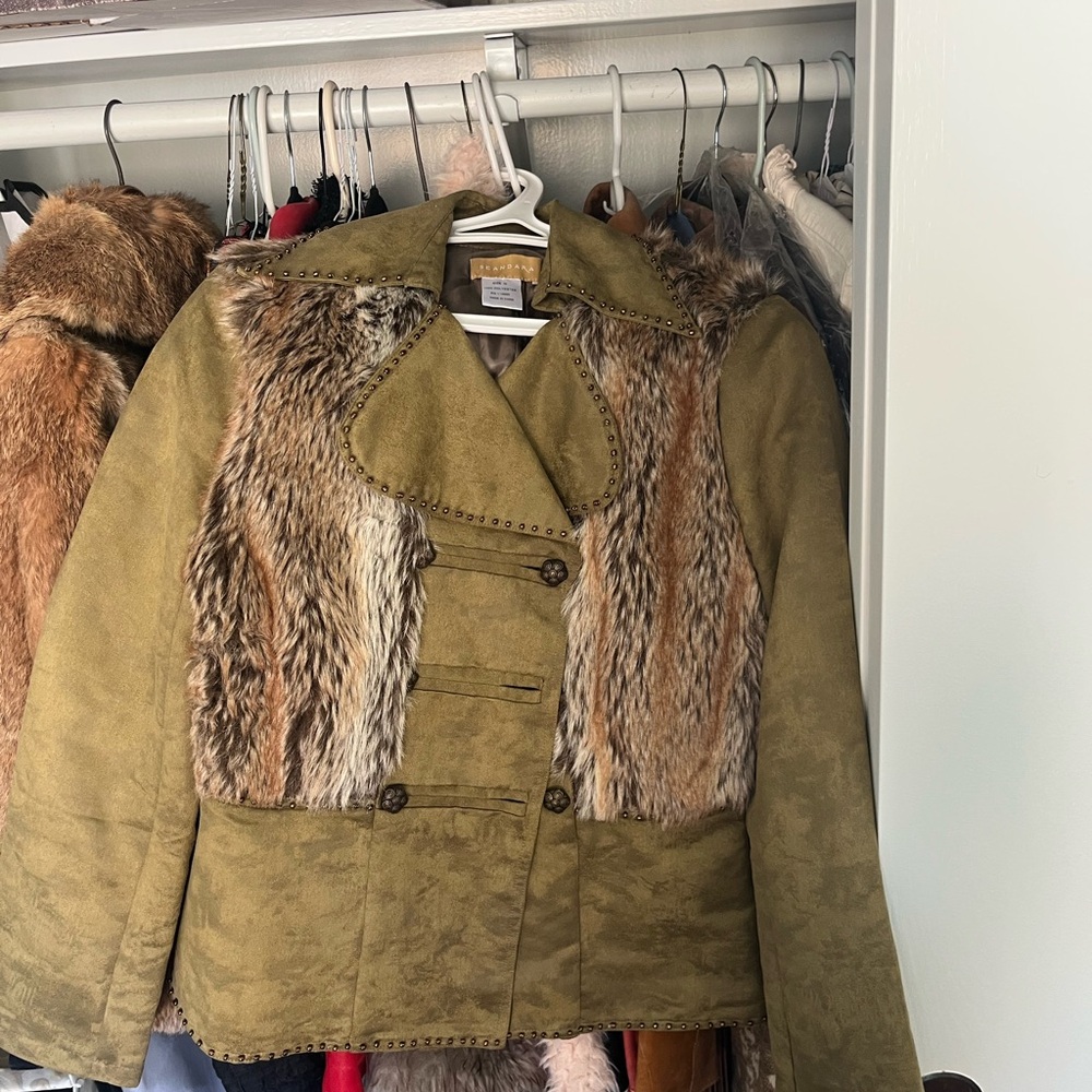 New Medium Women's Olive Green and Brown Faux Fur Jacket